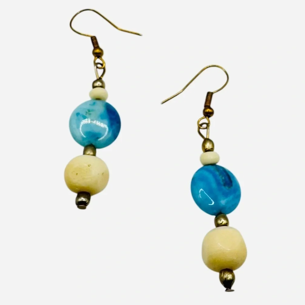 Blue & Cream Agate Stone Dangle Earrings | Natural Beaded Drop Boho Style
